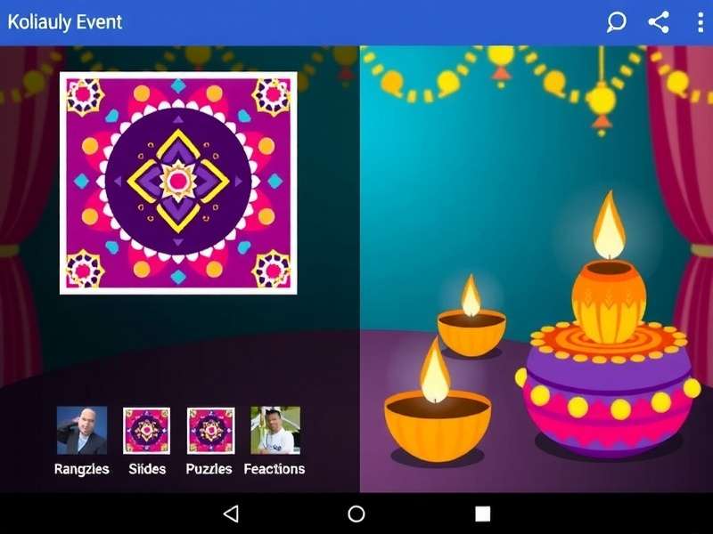 Kolkata Kanvas Diwali Event Screenshot showing rangoli puzzles and Diwali decorations
